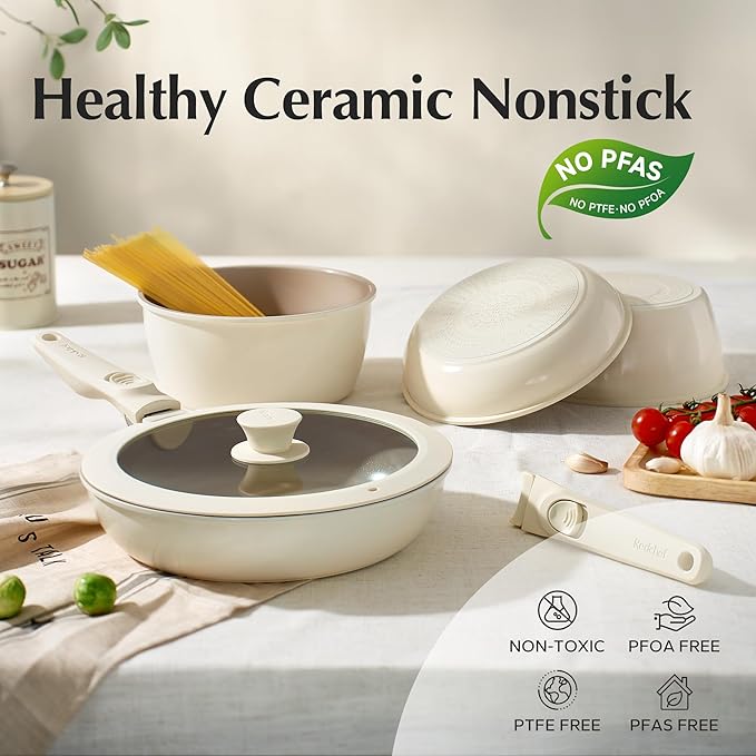 Redchef Pans and Pots Set Nonstick, Ceramic Cookware Set with Detachable Handles, Healthy,Non Toxic, Kitchen Cookware Sets16Pcs, Induction RV Kitchen Set, PFAS PFOA & PTFE Free, Beige White