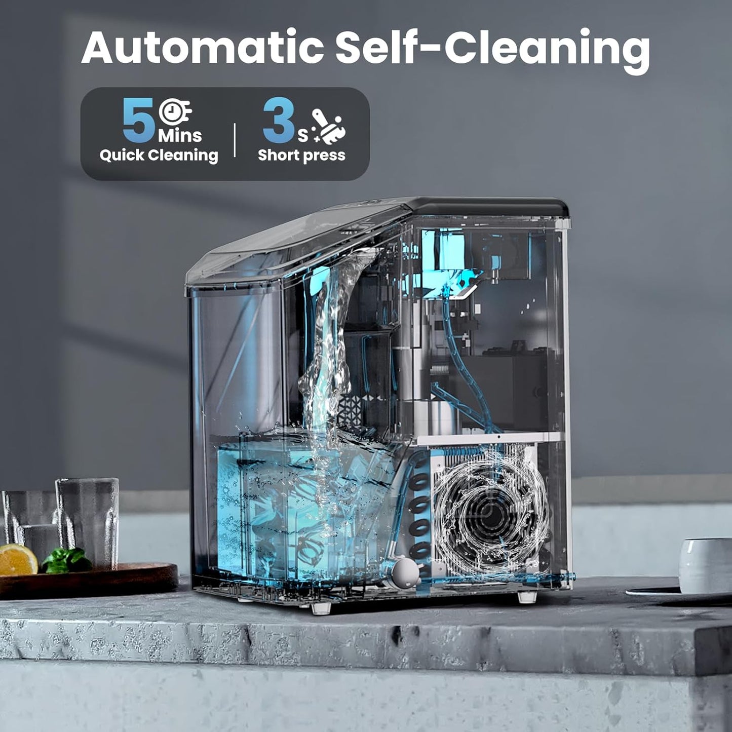 Nugget Ice Maker Countertop, 40lbs/24H Soft Chewable Pellet Ice Machine with Self-Cleaning, Sonic Ice Maker for Home Kitchen, Office - Black Stainless