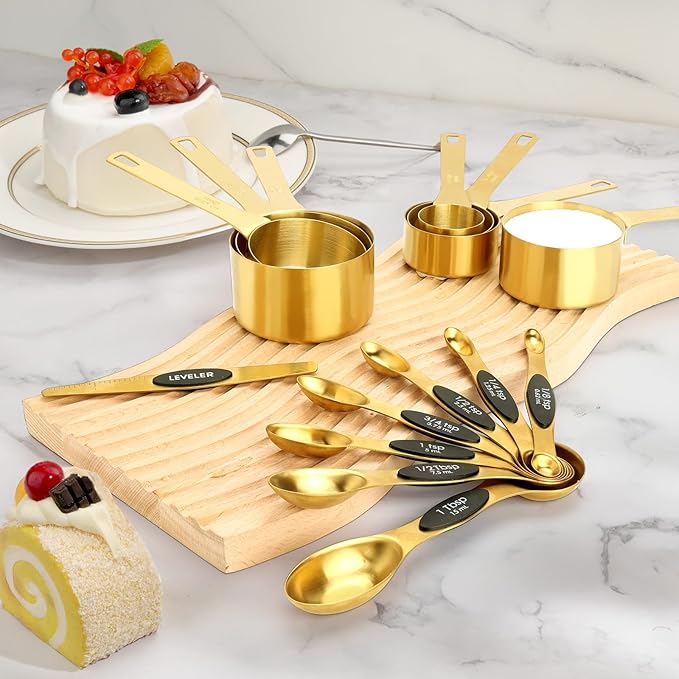 GuDoQi 15pcs Gold Magnetic Measuring Spoons and Cups Set, Stainless Steel 8 Dual Sided Magnetic Measuring Spoons set with Leveler, 7 Cups, Measurement for Liquid and Dry Ingredients for Kitchen