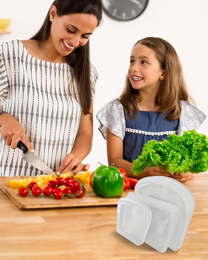 Reusable Silicone Storage Bag, 6Pack Pocket, Snack, and Sandwich Bag, Endurables Seal-Top Silicone Bags for Food Storage, Freezer, Microwave, Oven, Dishwasher Safe (Clear & Rose Quartz)