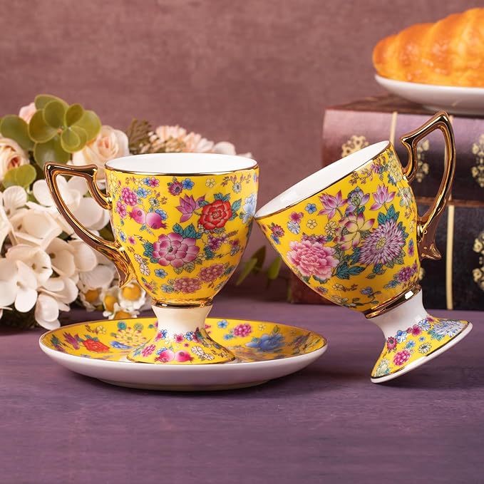 KAMMAK Tea Cups and Saucers Set of 2, Porcelain Coffee Cups with Saucer for Espresso, Cappuccino, 7oz Vintage Yellow Floral Ceramic Demitasse Mug for Home, Tea Party, Office