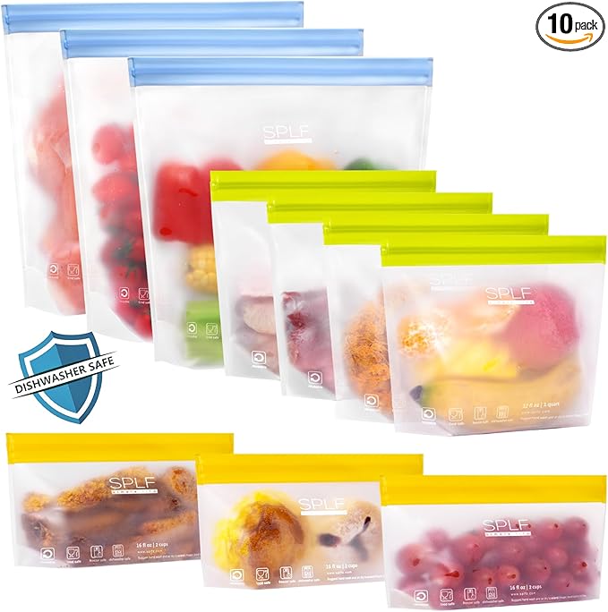 SPLF 10 Pack Stand-Up Reusable Food Storage Bags Dishwasher Safe, BPA Free Reusable Freezer Bags, Extra Thick Leakproof for Meal Prep, Sandwich, Bread, Veggies - 3 Gallon 4 Quart 3 Snack