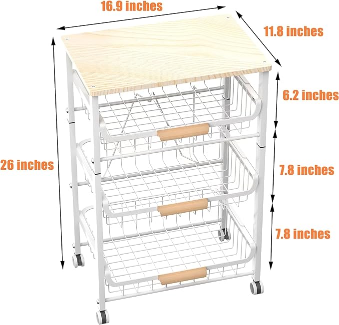 4-Layer Fruit Basket Kitchen Food Storage Organizer and Storage Rack, Stackable Storage cart with Desktop, Pull-Out Hollow Metal Storage Basket, liding Out Storage,White