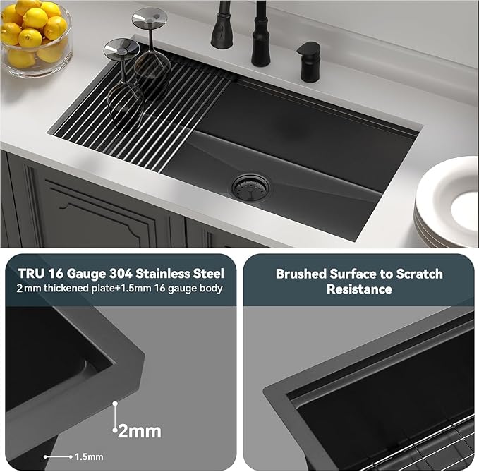 30 Undermount Kitchen Sink Black Stainless Steel - Lordear 30"x19" Kitchen Sink Undermount Gunmetal Black Workstation 16 Gauge Stainless Steel Single Bowl Handmade Sinks Basin
