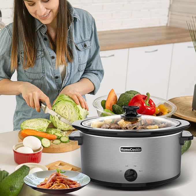 HOMECOOKIN 8 Quart Slow Cooker Oval Manual Pot Food Warmer with 3 Cooking Settings, Stainless Steel