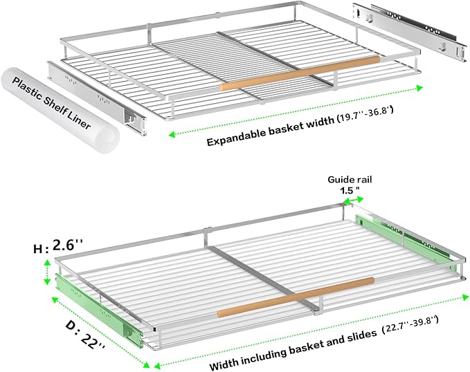 Large Pull Out Kitchen Cabinet Organizer, 22.7''-39.8''Width, Heavy Duty Slide Out Pantry Shelves Sliding Drawer Storage for Kitchen, Under Sink, Bathroom, Wardrobe, Set of 2