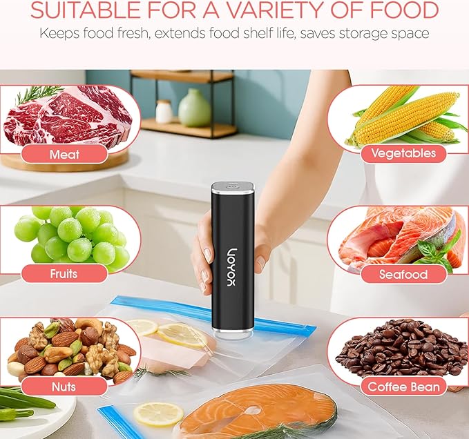 VOYOR Handheld Vacuum Sealer, Portable Vacuum Sealer Kit with Vacuum Bags Cordless Automatic Vacuum Pump for Food Preservation Type-C Charging and Long Lasting Food Vacuum (1 Pump+5 Bags)