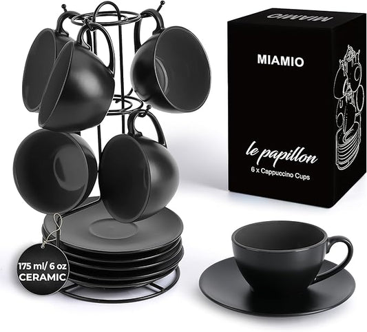 MIAMIO - Set of 6, Ceramic Stackable Cappuccino Cups Set / 6 Ounce Cappuccino Mugs and Saucer with Metal Stand for Coffee Drinks, Cafe, Latte, Americano and Tea - Le Papillon Collection (Black)