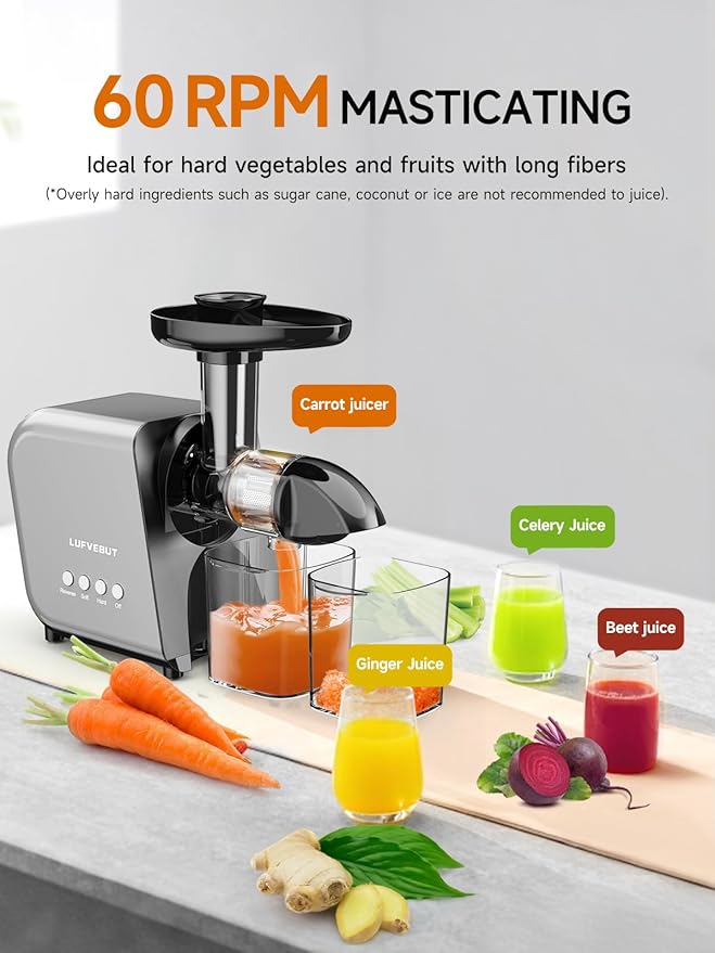 Slow Cold Press Juicer for Fruits Vegetables Celery Carrot Ginger, Masticating Juicer Machine Soft Hard Reverse Function,250W Motor,Easy To Clean, Fresh Orange Juice Extractor