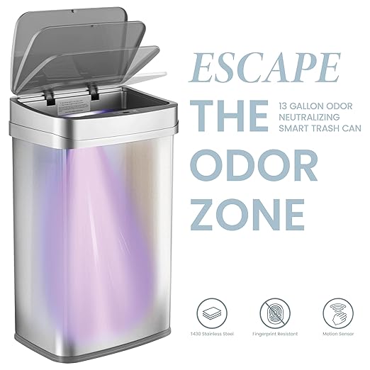 Ninestars Nova Series 13 Gallon Odor Elimating Automatic Kitchen Trash Can Automatic Odor Control Motion Sensor Garbage Bin, 50 Liter Smart Opening Stainless Steel, Silver