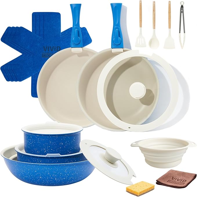 22Pcs Ceramic Cookware Set with Removable Handles – Induction/Oven Safe Pots and Pans Set Nonstick, Eco-Friendly Kitchen Essentials for Healthy Cooking, Blue