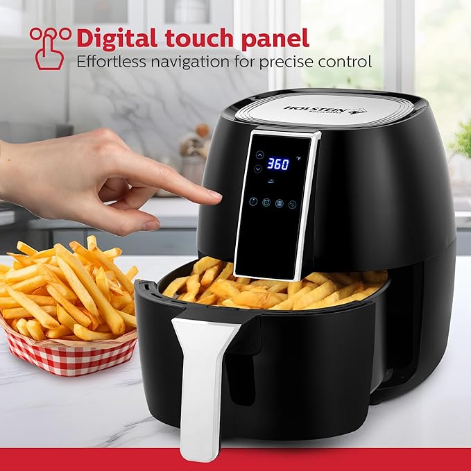 Holstein Housewares 3.7QT Digital Air Fryer. Hot Air Technology & PFOA Free Non Stick Coating for Less Oil Use with Led Display. 7 preset options, Air Fry, Bake, Grill, Dehydrate & roast. Black
