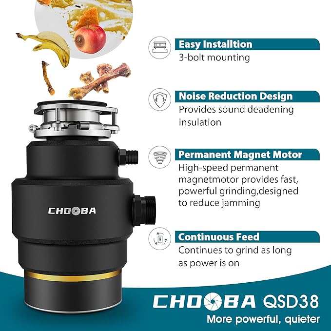 Garbage Disposal 3/4 HP, Food Waste Disposal Continuous Feed, Kitchen Garbage Disposal with Dishwasher Connection & Plug, Power Cord Included, Matte Black
