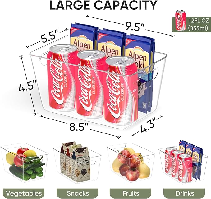 BALEINE Clear Plastic Storage Bins, Pantry Organization, BPA Free Stackable Refrigerator Organizers and Storage with Handles for Kitchen Fridge Cabinet Bathroom (6PK, 9.5x5.5x4.5)