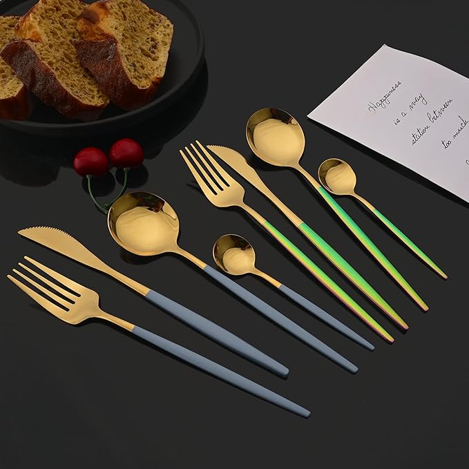 JASHII Flatware Set 24 Piece, Stainless Steel Silverware Set, Macaron Small Fresh Color Cutlery Set, Modern Elegant Tableware Set for Party, Christmas, Dinner (Haze Blue Gold)