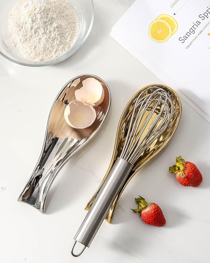 Hasense Ceramic Spoon Rest Set of 2 for Stove Top, Porcelain Spoon Holder for Kitchen Counter Cooking Utensil Home Decor, Kitchen Spatula Holders for Spoons, Ladles and Tongs, Gold and Silver