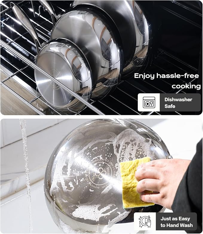 12 Inch Stainless Steel Frying Pan with Lid, 3-Ply Stainless Clad Skillets Fry Pan Fast & Even Heating, Oven Safe Up to 600℉ Dishwash Safe Compatible for All Cooktops Kitchen Cookware