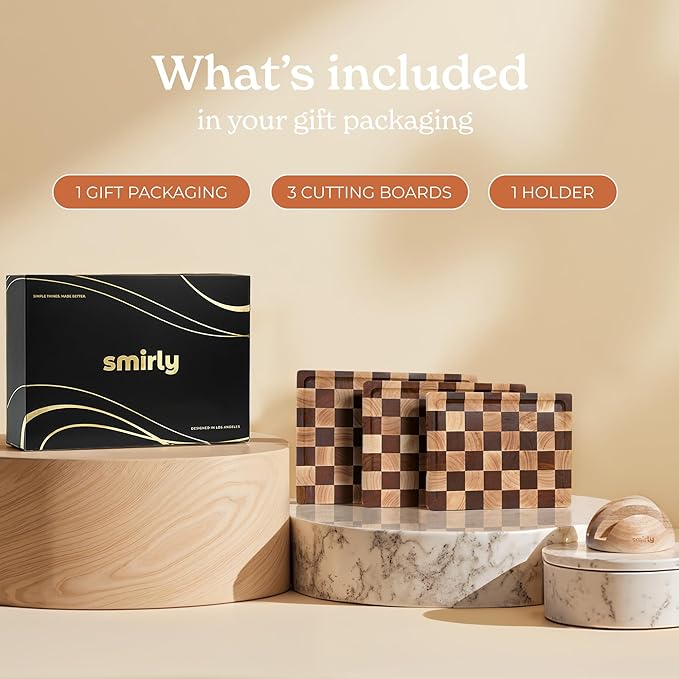 SMIRLY Wood Cutting Boards for Kitchen Wooden Chopping Board Set Reversible with Deep Juice Grooves Grip Handles, Large Charcuterie Tray for Home Kitchen, Rubber Wood, 3Pcs with Holder