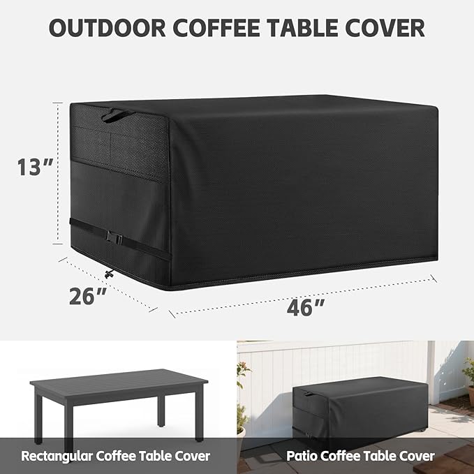 Patio Coffee Table Cover Black Heavy Duty Waterproof Cover 46" L x 26" W x 13" H for Rectangular Coffee Table