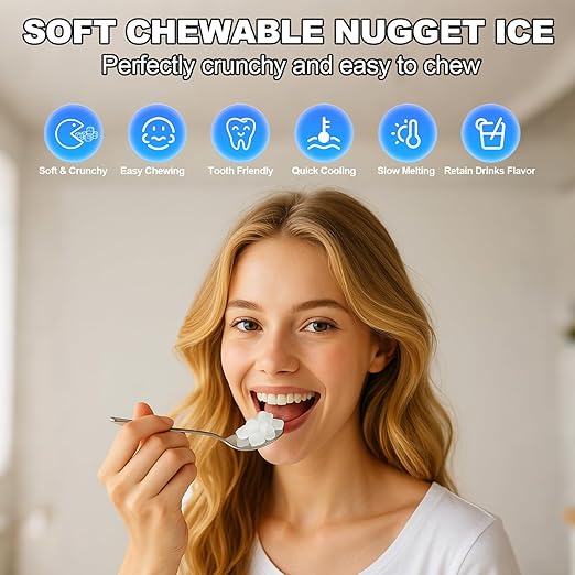 Nugget Ice Maker – 40 lbs/Day Countertop Ice Machine with 10Lbs Storage Bin, Chewable Ice Machine Maker Self-Cleaning, Stainless Steel, Dual Water Inlet Mode, Portable for Home Kitchen Bar Office