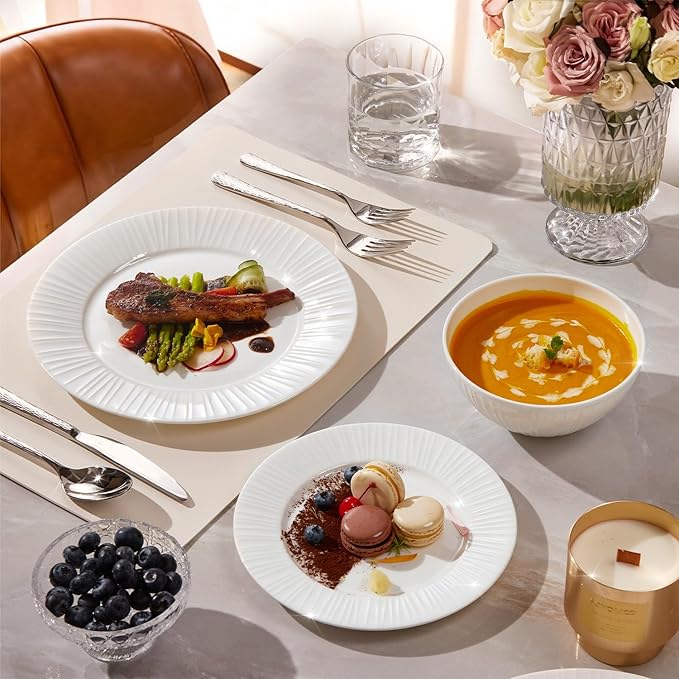 KINGSTONE 12-Piece Bone China Dinnerware Set with 20-Piece flatware, White Lightweight Porcelain Service for 4, for Family Dining, Restaurants, Gifting，Microwave and Dishwasher Safe