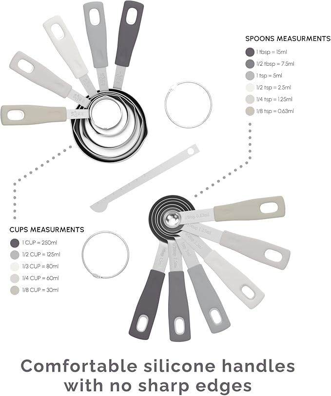 Measuring Cups and Measuring Spoons Set of 14 - Stainless Steel Measuring Cups and Spoons Set, Includes 1/8 Teaspoon Measuring Spoon, 1/8 Cup Measuring Cup, Leveler Dry (14, Charcoal)