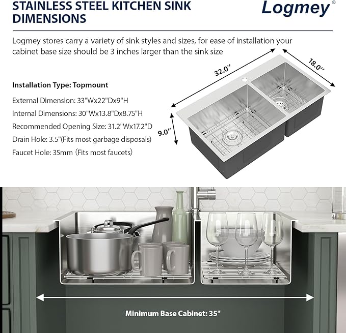 32 Inch Large Double Bowls Drop in Kitchen Sink 60/40 Stainless Steel Sinks 32x18 16 Gauge Topmount Handmade 2 Bowl Kitchen Sinks, 32x18x9