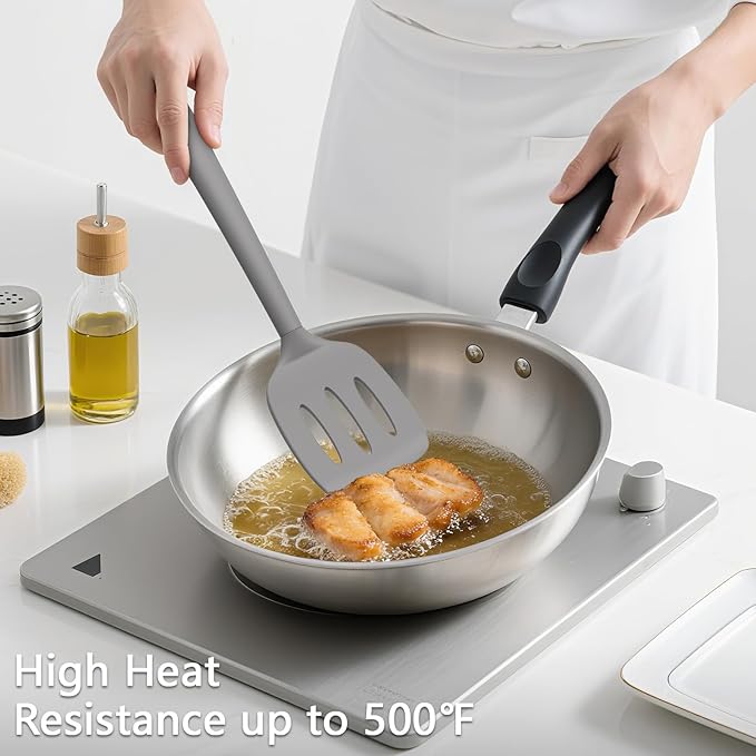 Coukre 3 Pack Silicone Spatula Set, High Heat Resistant, BPA-Free, Fish Spatula, Solid & Slotted Turner for Non-Stick Pans, Flipping Eggs, Pancakes, Fish, Burgers (3, PureGray)