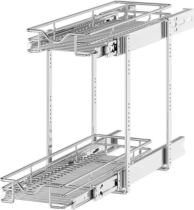 OCG 2 Tier Pull Out Cabinet Organizer (7.5" W x 21.5" D), Pull Out Drawers for Kitchen Cabinets, Pull Out Shelves for Base Cabinet Organization in Kitchen Bathroom Pantry, Chrome Finish