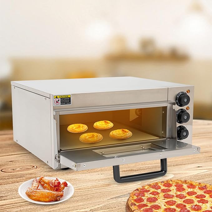 1800W Electric Pizza Oven Indoor Countertop Commercial Pizza Oven Stainless Steel Pizza Cooker w/Pizza Stone 122-662°F Heat Adjustable 0-30min Timer 20L/5.28Gal for Restaurant Home (Silver)