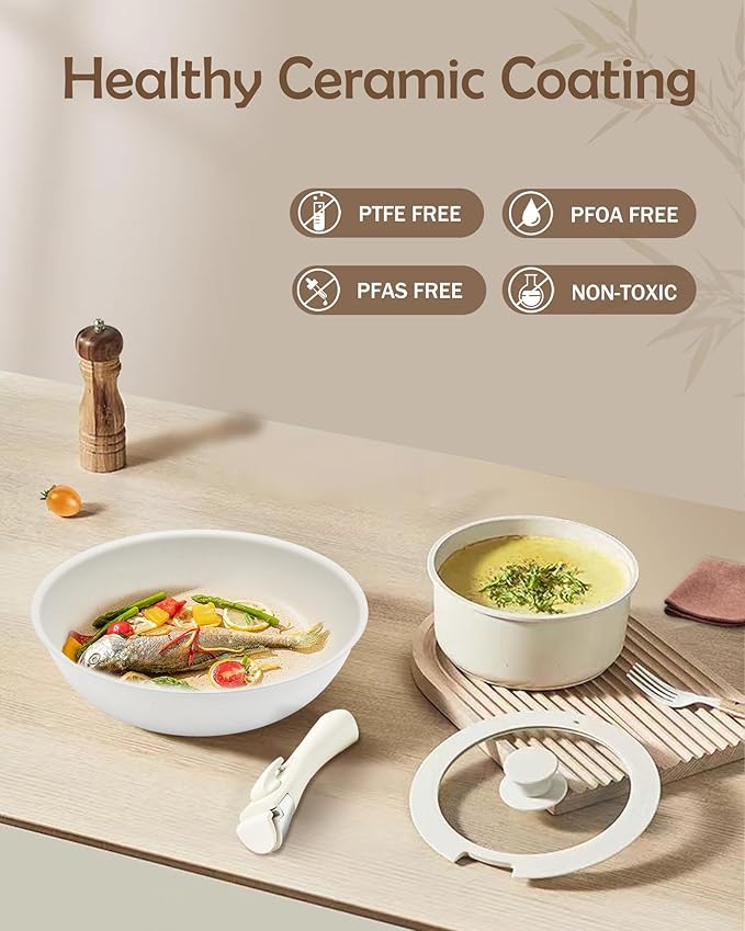 Ceramic Cookware Sets, Pots and Pans Set Nonstick, 8Pcs Induction Cookware, Healthy Detachable Handle Cookware Set, PFAS PTFE PFOA PFOS Free Orange