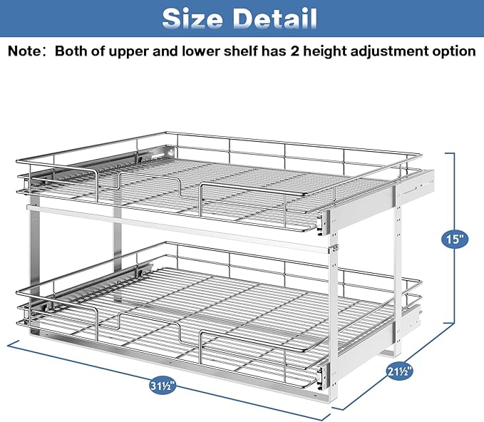LOVMOR 2 Tier 31½"W x 21½"D, Individual Pull Organizer Kitchen Cabinet Storage Sliding Shelves