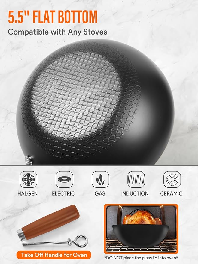 Carbon Steel Wok, 10.5" Wok Pan Set With Lid, Stir-Fry Pans Set, 1.65lb Lightweight Flat Bottom Small Wok