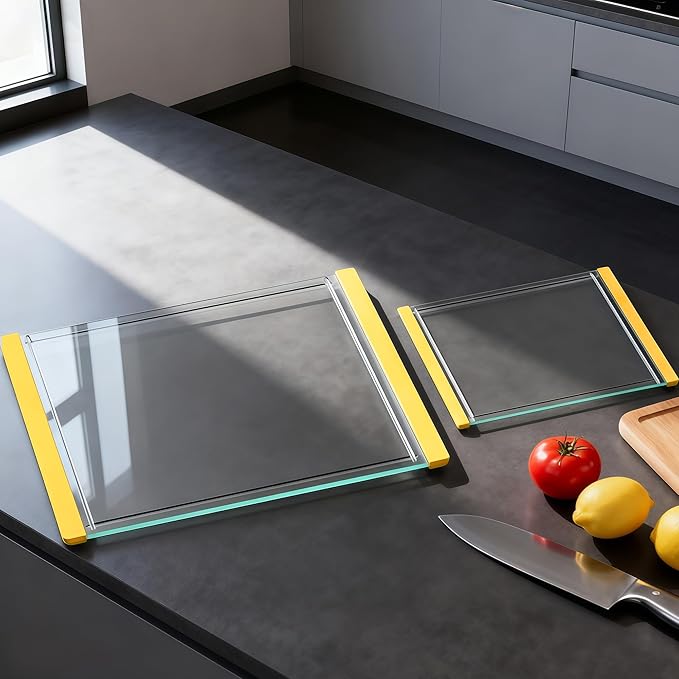 Tempered Glass Cutting Board Set for Kitchen Counter - Dishwasher Safe with Juice Grooves, Non-Slip Silicone Edges & Beveled Grip - 16"x12" & 12"x8" Serving Tray (Yellow)
