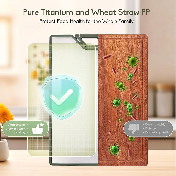 Titanium Cutting Board – Double Sided Cutting Boards for Kitchen, Pure Titanium & Wheat Straw PP, Food-Grade Metal Chopping Board, Easy to Clean Large Size 16"x11" (Green & Silver)