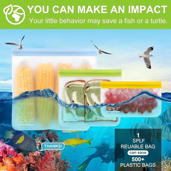 SPLF 12 Pack Dishwasher Safe Reusable Bags, Leakproof Reusable Freezer Bags, BPA Free Food Storage Bags for Lunch, Meal Prep, Marinate, Veggies, Travel - 2 Gallon 5 Sandwich 5 Snack