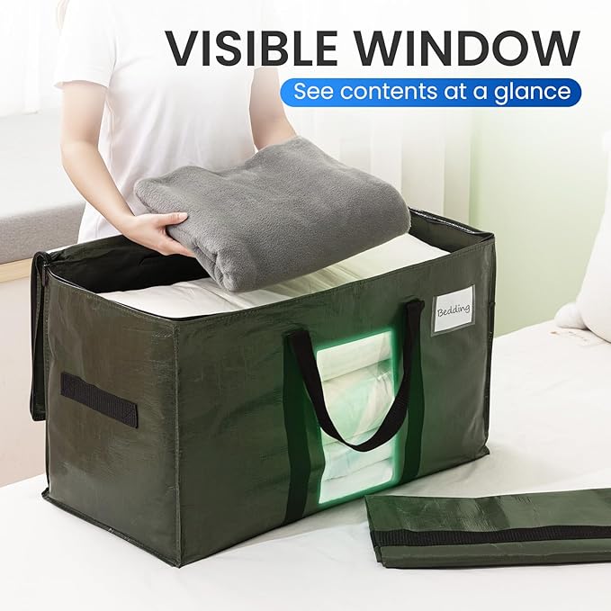 TAILI 2 Pack Green Extra Large Storage Bags, Heavy Duty Totes with Visible Window, Wrap Around Handles, Perfect for Moving