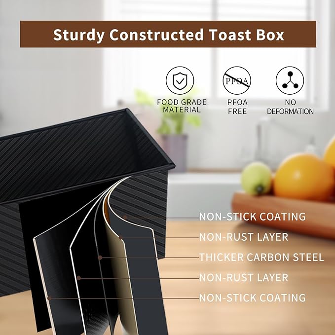 Black Pullman Loaf Pan with Lid, 13 Inch Pullman Bread Pan with Cover, 2.2LB & 1LB Dough Capacity, 2 Pack Sandwiches Bread Loaf Pan Nonstick, for Sourdough and Toast