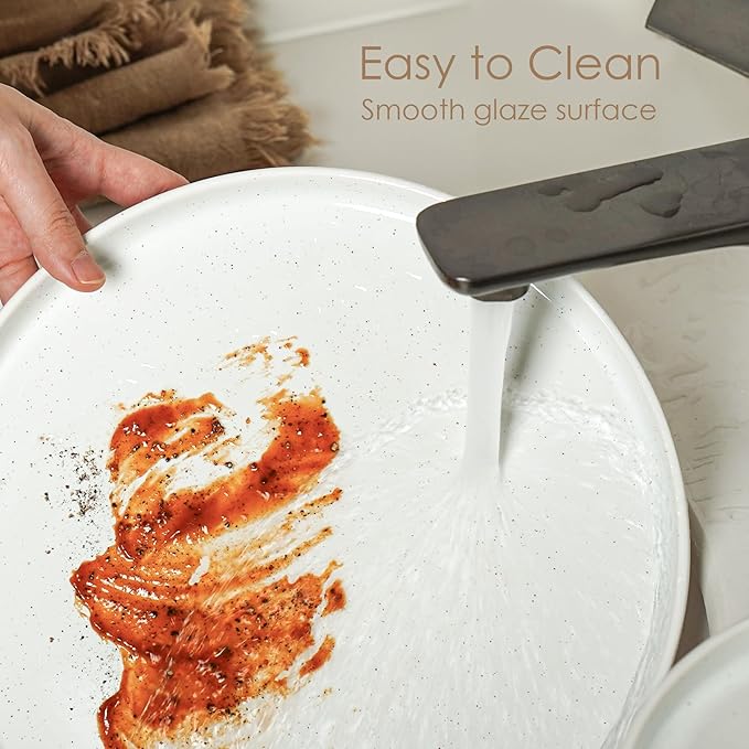 12 Pieces Farmhouse Stoneware Dinnerware Sets, Speckled Ceramic Plates and Bowls Set, Matte Terracotta Underside Ceramic Dishes Set for 4, Scratch Resistant Microwave & Dishwasher Safe (Daylight)