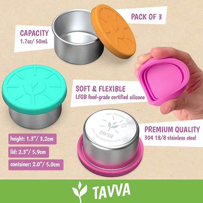 TAVVA 3 X 1.7oz Condiment Containers with Lids - Leakproof w/Silicone Lids - BPA Free - Dishwasher & Freezer Safe - Reusable Salad Dressing Container To Go - Sauce & Dip Cup for Lunchbox, Meal Prep
