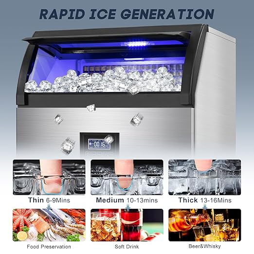 350 Lbs/24H Commercial Ice Maker – 80 Lbs Storage Bin, 126 Ice Cubes Per Cycle – Stainless Steel Undercounter/Freestanding Design, Perfect for Home, Bar, and Outdoor Use, Self-Cleaning Function