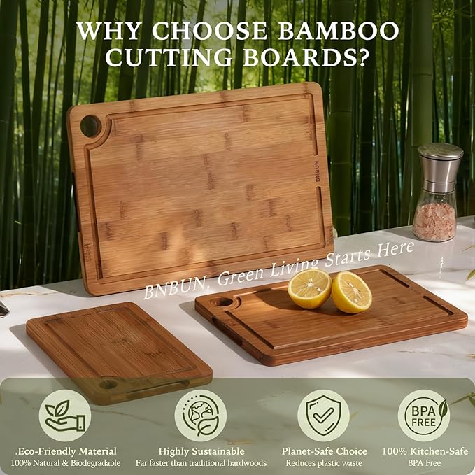 Bamboo Cutting Board for Kitchen, Wooden Cutting Board 3-Piece Set with Non-Slip Mat Deep Juice Groove and Built-In Handles, Wood Cutting Board for Meat Vegetables Fruit Ideal Gift for the Home