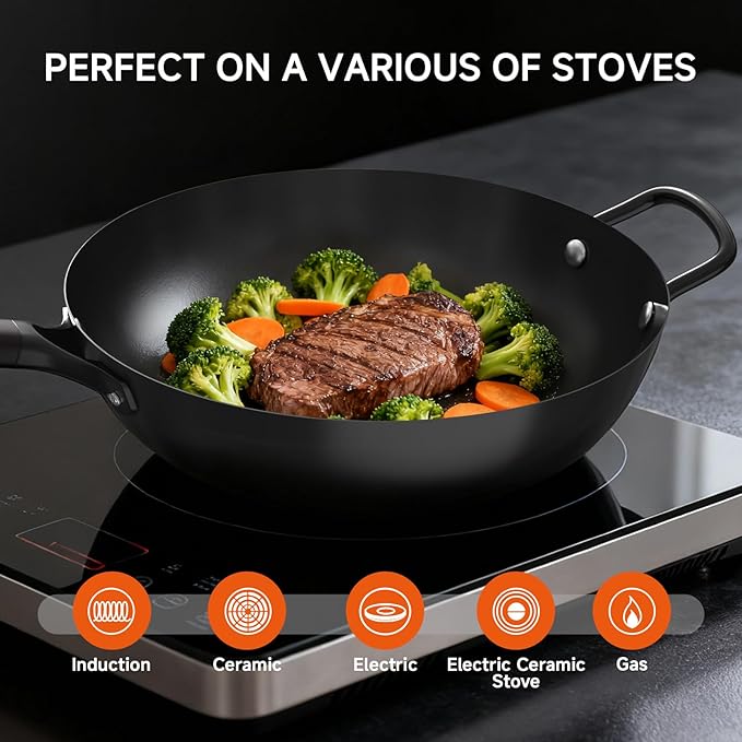 13.5" Carbon Steel Wok Pan - Pre-Seasoned Flat Bottom Woks & Stir-fry Pans Chinese Cookware with Lid & Spatula - For Pan-fry,Stir Fry, Steam, BBQ & Camping - Compatible with Induction, Gas