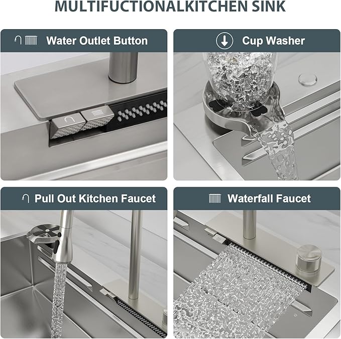 Lordear Waterfall Kitchen Sink 33x19 Inch Drop In Kitchen Sink T304 16 Gauge Stainless Steel Single Bowl Ledge Worktation Kitchen Sinks Handmade Deep Basin, 33"x19"x9"