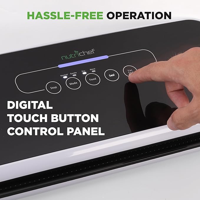 NutriChef Automatic Food Vacuum Sealer, Electric Air Sealing Preserver System for Dry and Moist Foods, LED Control, Strong Suction, Includes Bags, Wine Stopper Cork, and Air Suction Hose, 14”x6”x3”