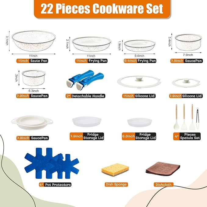 22Pcs Ceramic Cookware Set with Removable Handles – Induction/Oven Safe Pots and Pans Set Nonstick, Eco-Friendly Kitchen Essentials for Healthy Cooking, Blue