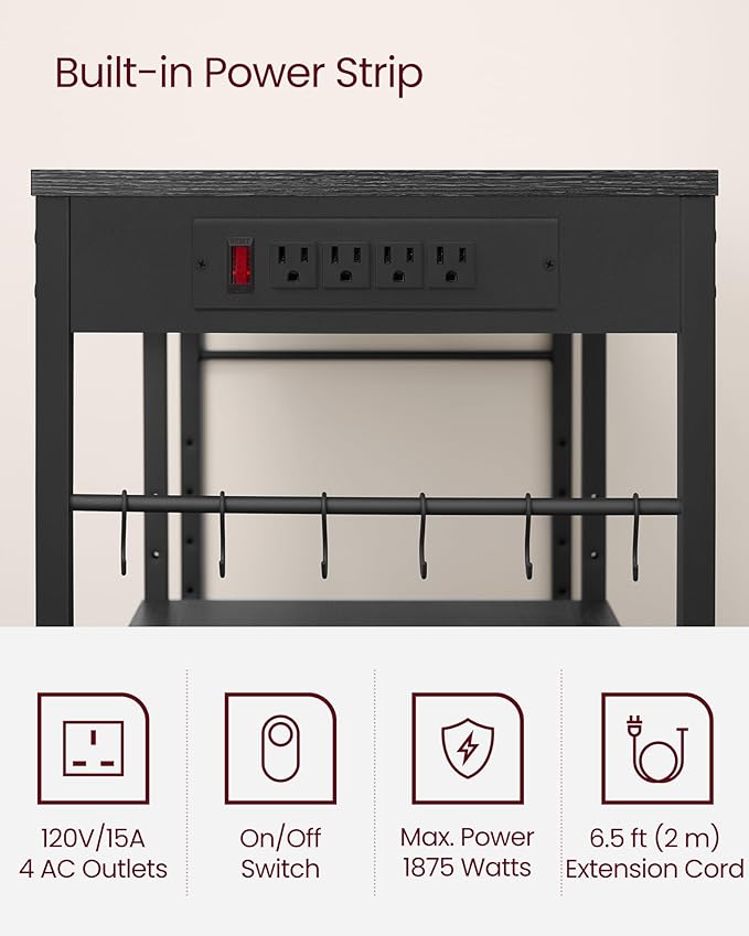 VASAGLE Baker's Rack, Coffee Bar Stand with Charging Station, Storage Shelves, Pull-Out Wire Basket, Table for Microwave, Kitchen, Charcoal Gray UKKS036B22, 15.7 x 35.4 x 35.6 Inches