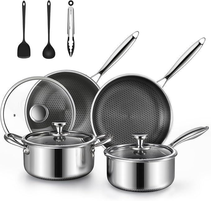Non Stick Pots and Pan Set, 10 Pcs Hybrid Stainless Steel Cookware Set with Lids, Kitchen Skillet, Stock Pot, Nonstick Frying Pan, Kitchen Cooking Utensils, Induction, Dishwasher Safe