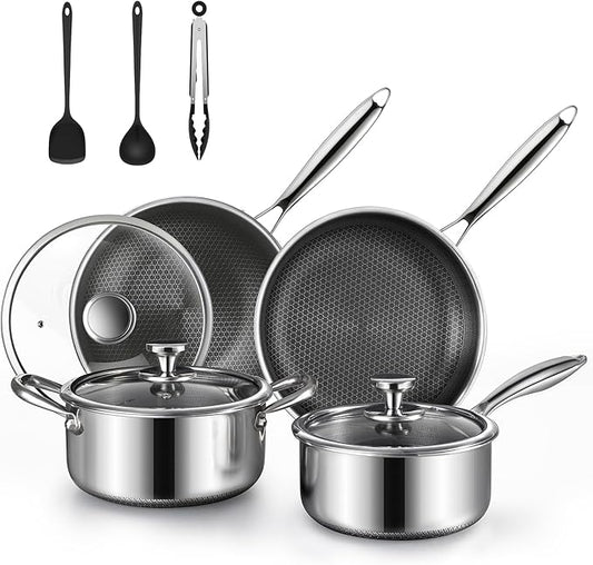 Non Stick Pots and Pan Set, 10 Pcs Hybrid Stainless Steel Cookware Set with Lids, Kitchen Skillet, Stock Pot, Nonstick Frying Pan, Kitchen Cooking Utensils, Induction, Dishwasher Safe