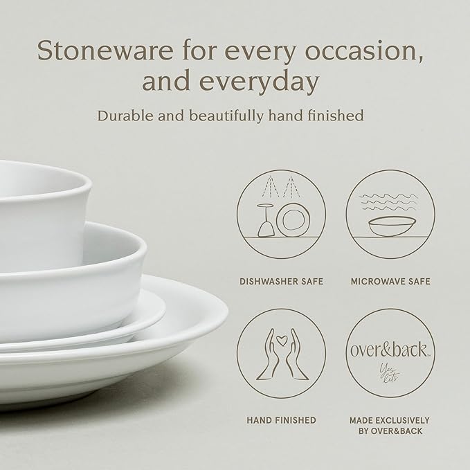 over&back Rim Dinnerware Set - Stoneware Dishes - Comes with 4 Dinner Plates, Salad Plates, Cereal Bowls, and Dinner Bowls - 16-Piece All-Occasion Place Settings - Serves Four - Semi-Matte White